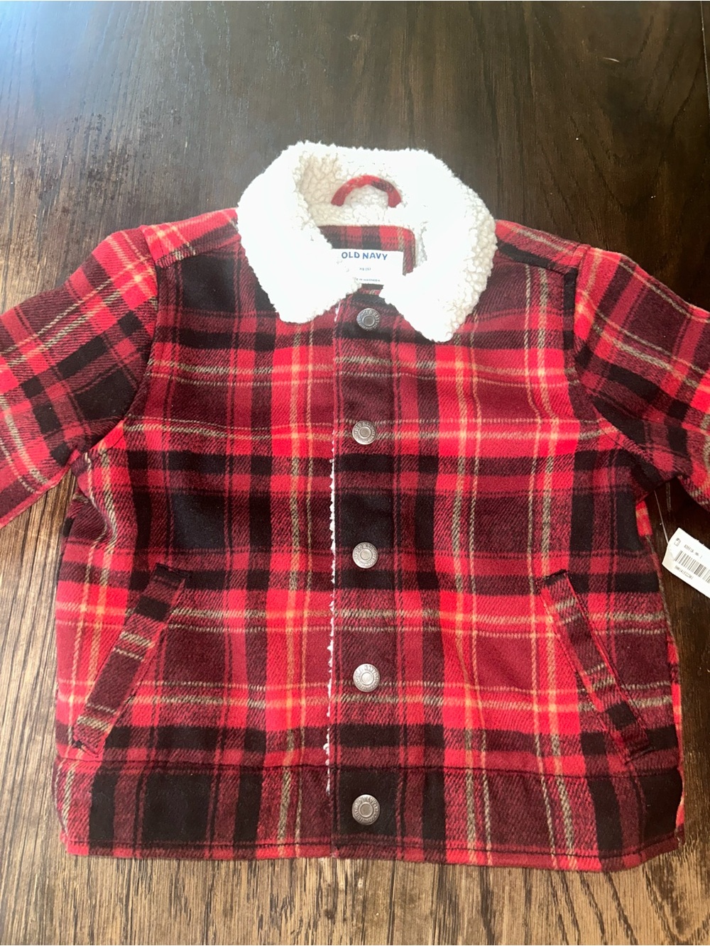 Old Navy Red and Black Plaid Sherpa-Trim Flannel Jacket